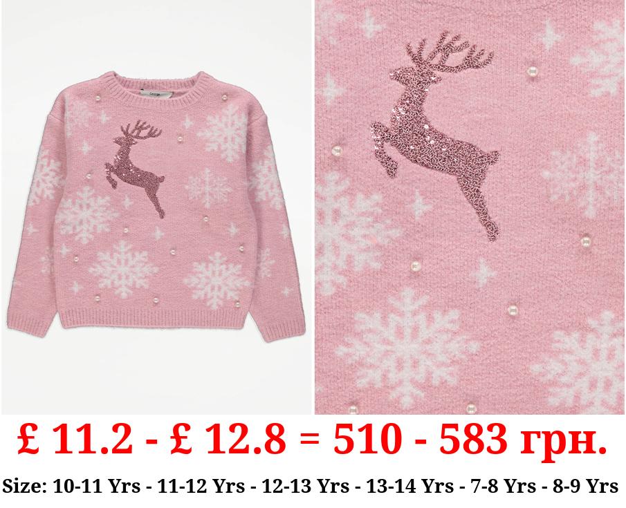 Pink Reindeer Knitted Christmas Jumper