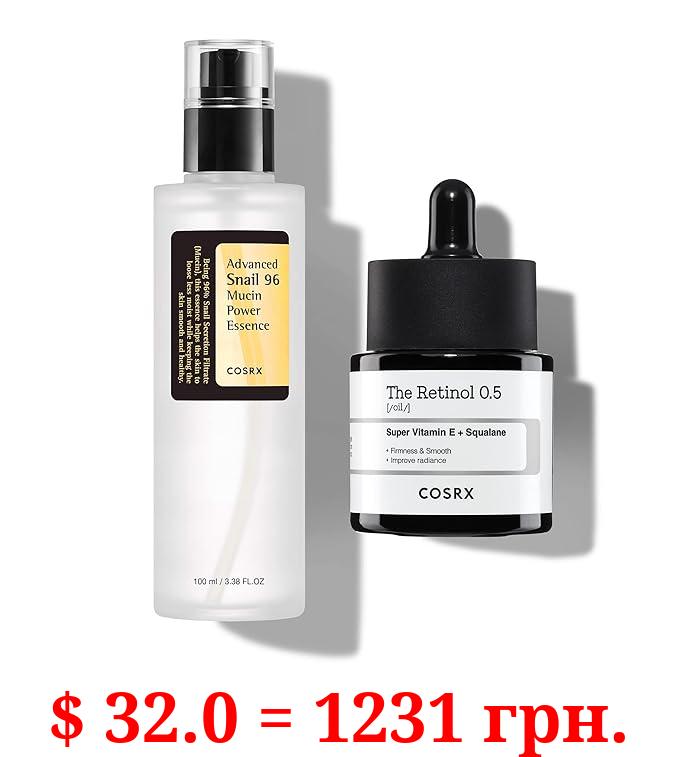 COSRX Skin Cycling Routine - Snail Mucin 96% Essence + Retinol 0.5 Oil, Recovery Set for Face and Neck, Fine Lines Spot Treatment, Repair Oil for Face