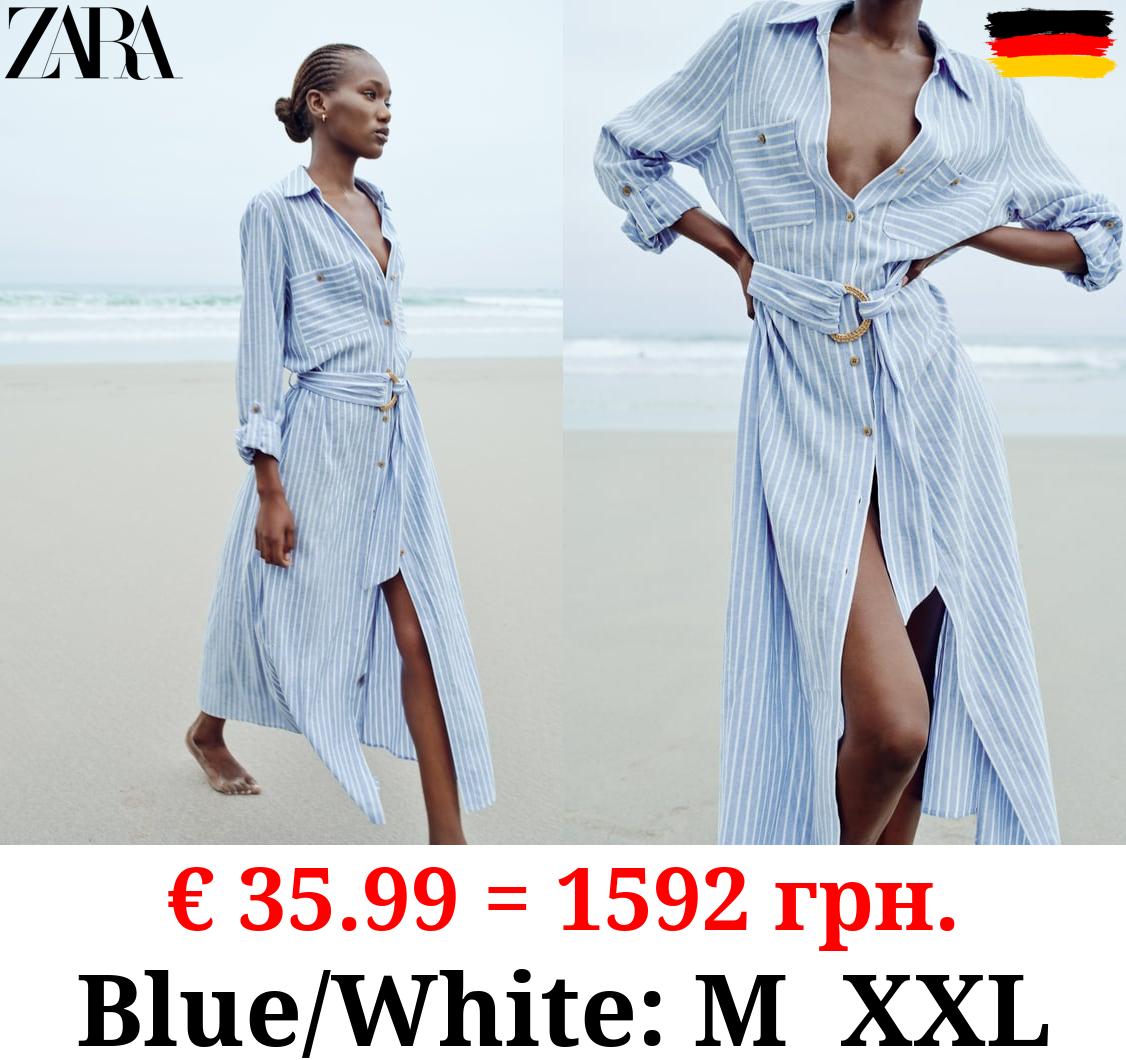 LINEN BLEND MIDI SHIRT DRESS