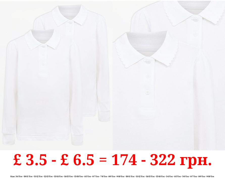 White Girls Scallop Long Sleeve School Polo 2 Pack