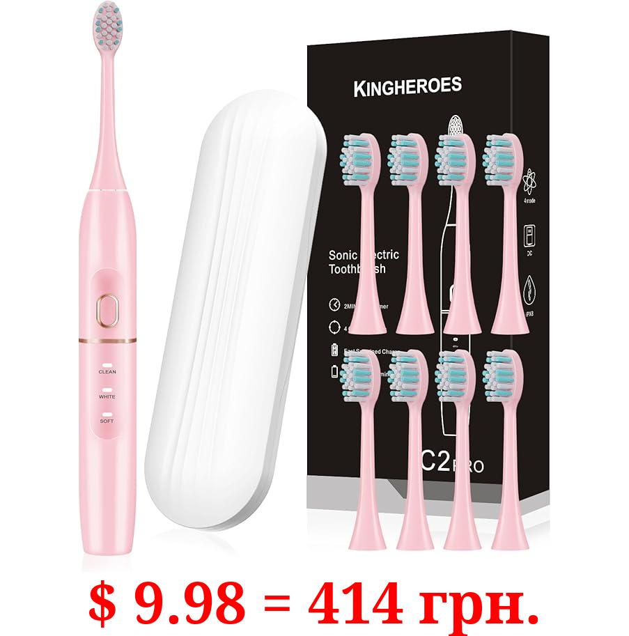kingheroes Electric Toothbrush Set, Comes with 8 Brush Heads & Travel Case,4 Modes with 2 Minutes Built in Smart Timer, One Charge for 60 Days, 42000 VPM Motor (Pink)
