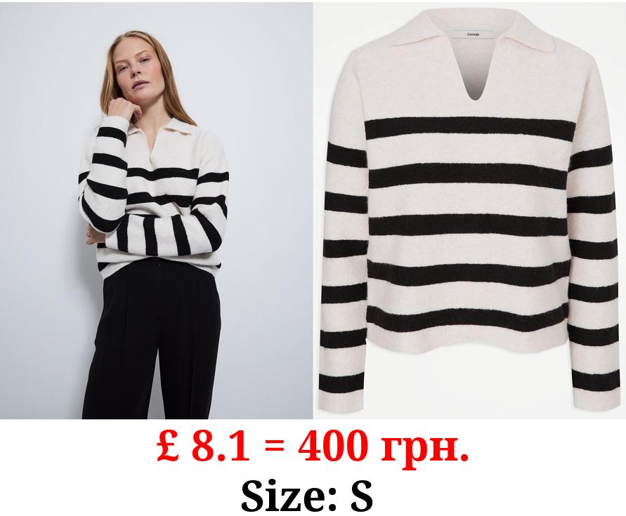 Cream Striped Collared V Neck Jumper
