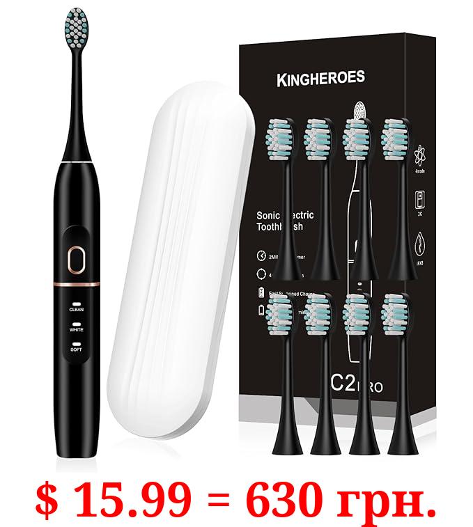 kingheroes Electric Toothbrush Set, Comes with 8 Brush Heads & Travel Case,4 Modes with 2 Minutes Built in Smart Timer, One Charge for 60 Days, 42000 VPM Motor (Black)