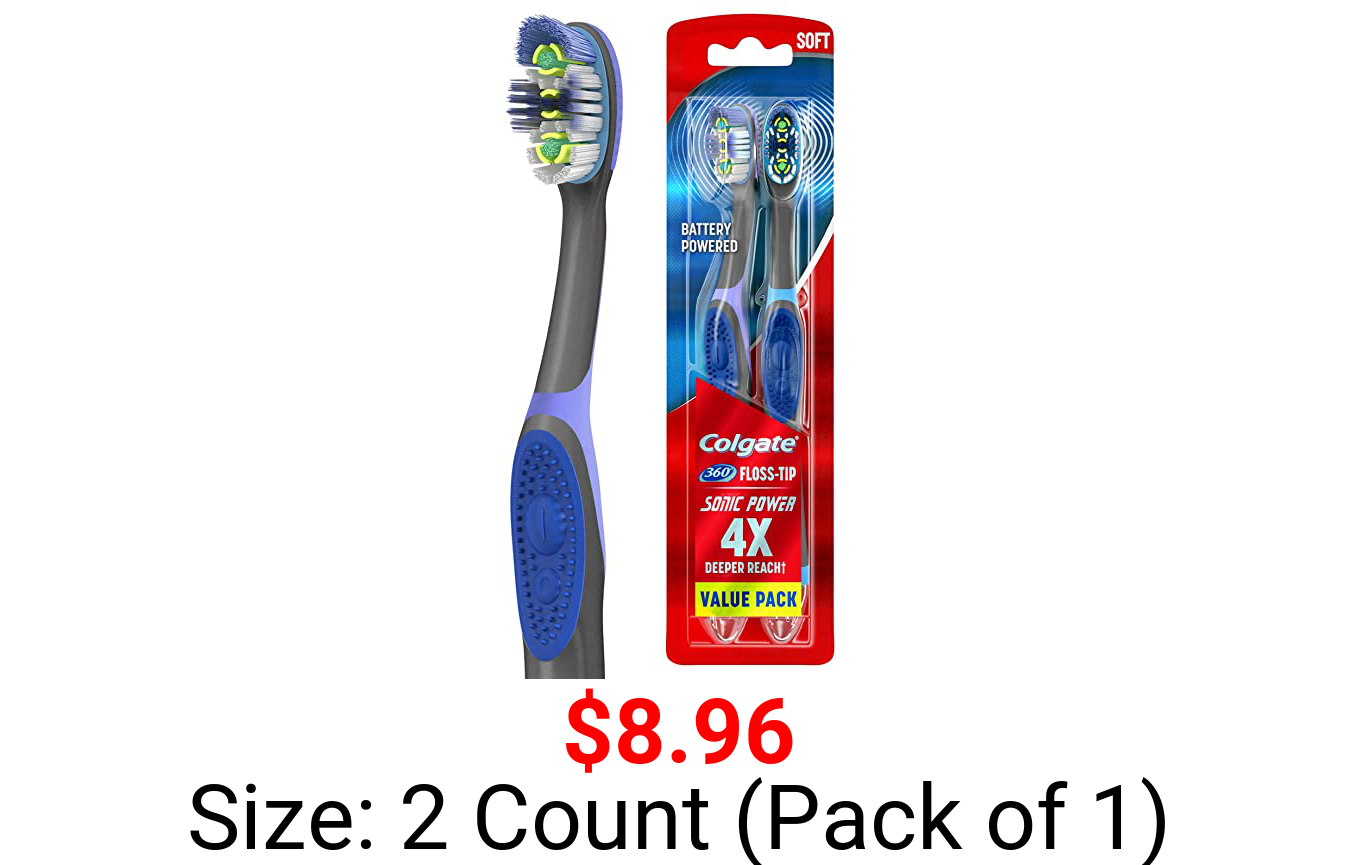 Colgate 360 Sonic Battery Power Electric Toothbrush with Floss-Tip Bristles and Tongue and Cheek Cleaner, Soft - 2 Count