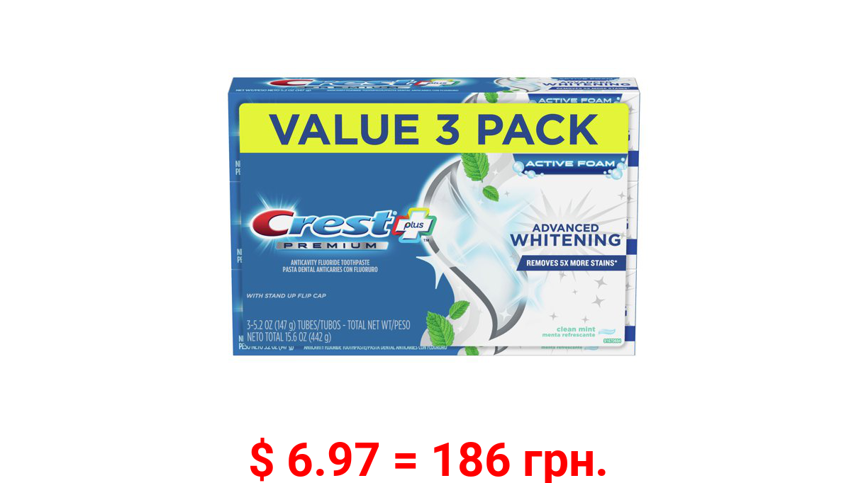 Crest Premium Plus Advanced Whitening Toothpaste, Mint, 5.2 Oz, 3 pk