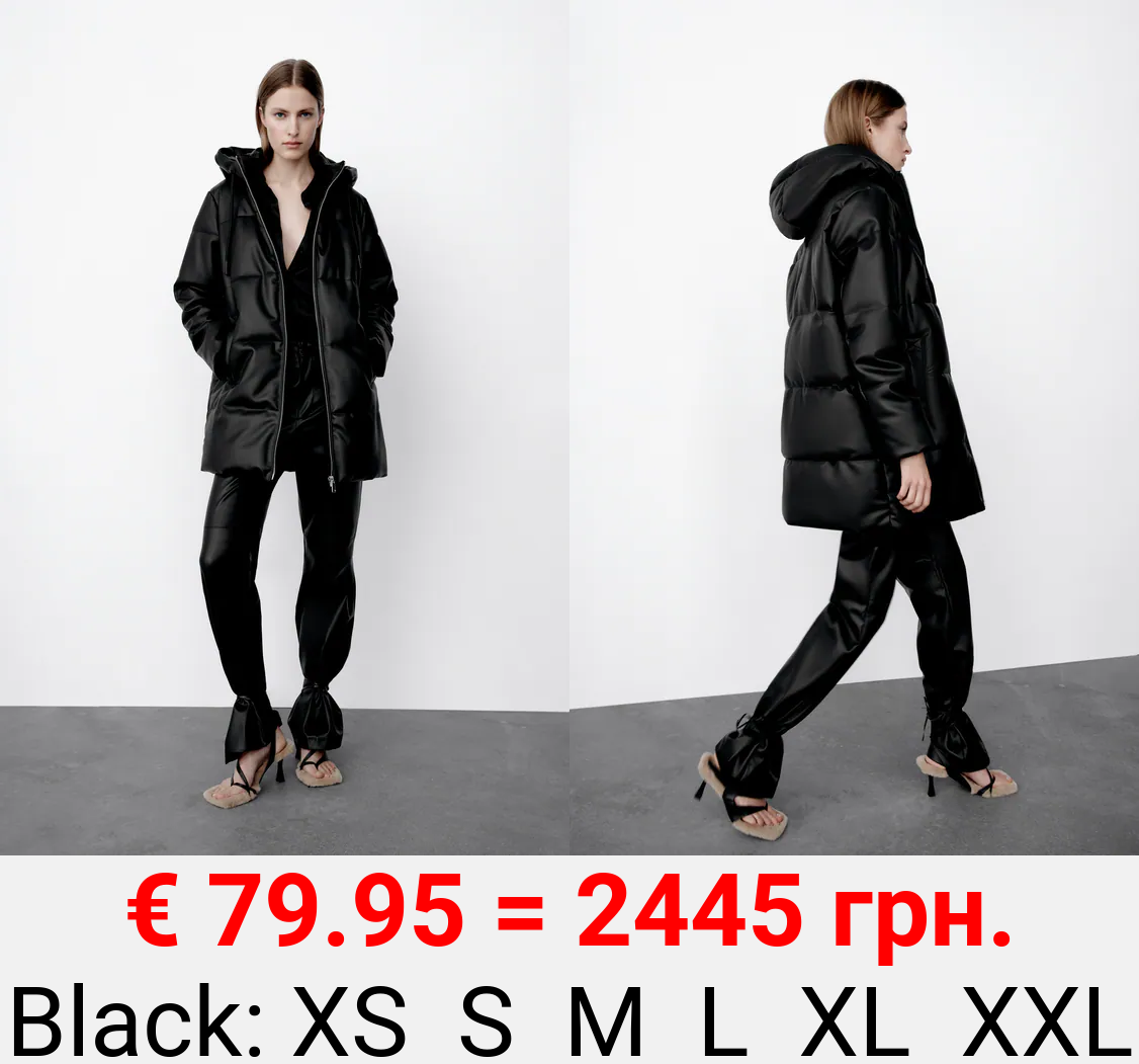 FAUX LEATHER PUFFER COAT WITH WIND PROTECTION