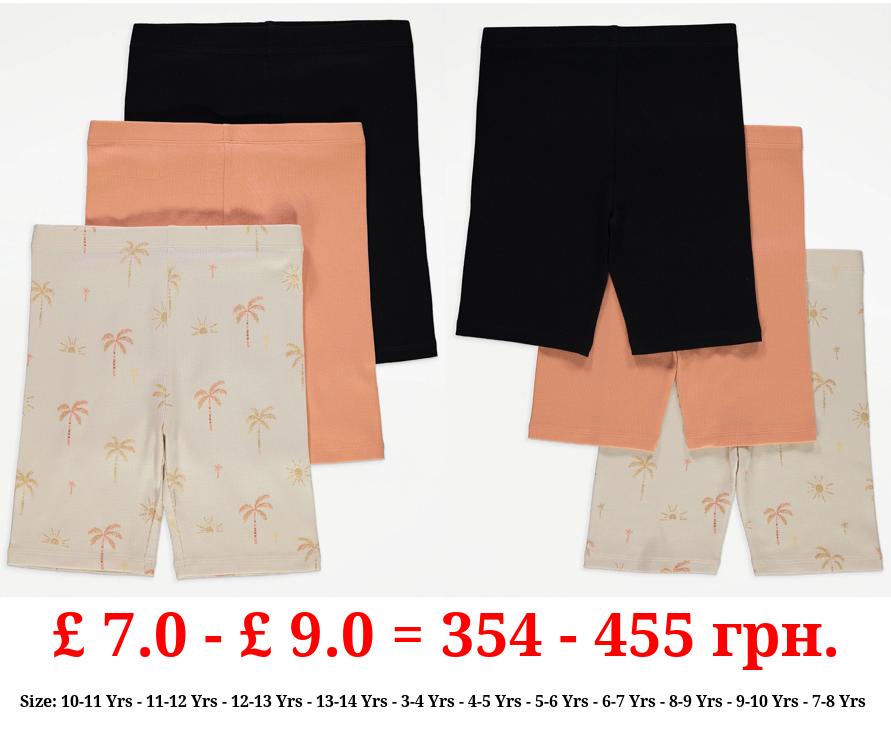 Glitter Palm Tree Ribbed Cycling Shorts 3 Pack