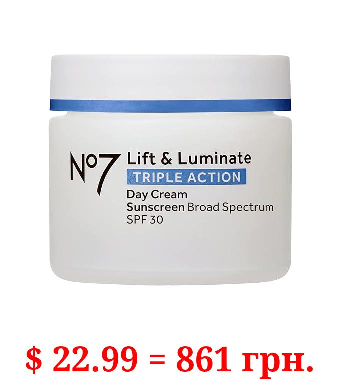 No7 Lift & Luminate Triple Action Day Cream SPF 30 - Broad Spectrum Anti Aging Face Cream - Hydrating Hibiscus Peptides & Hyaluronic Acid + Brightening Emblica & Vitamin C (50ml)