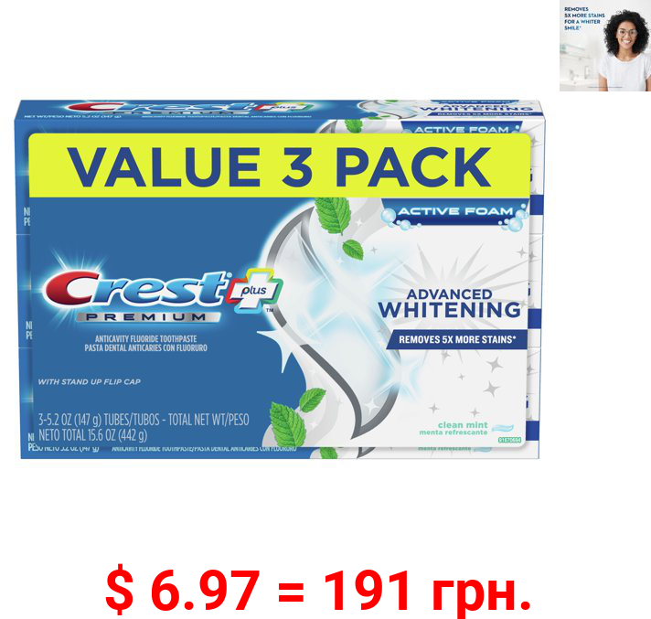 Crest Premium Plus Advanced Whitening Toothpaste, Mint, 5.2 oz, 3 pk