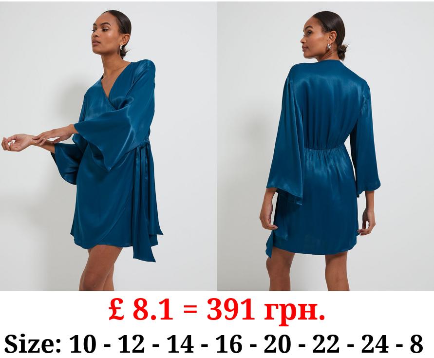Teal Satin Wrap Mini Dress