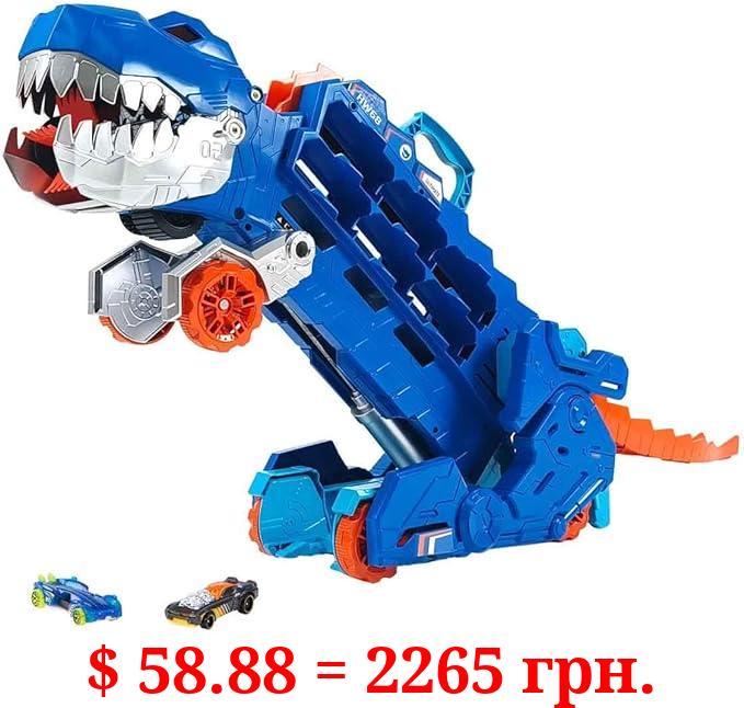 Hot Wheels City Ultimate Hauler, Transforms into Stomping T-Rex with Race Track, Lights and Sounds, Toy Storage for 20+ 1:64 Scale Cars