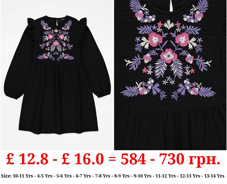 Black Embroidered Cheesecloth Dress