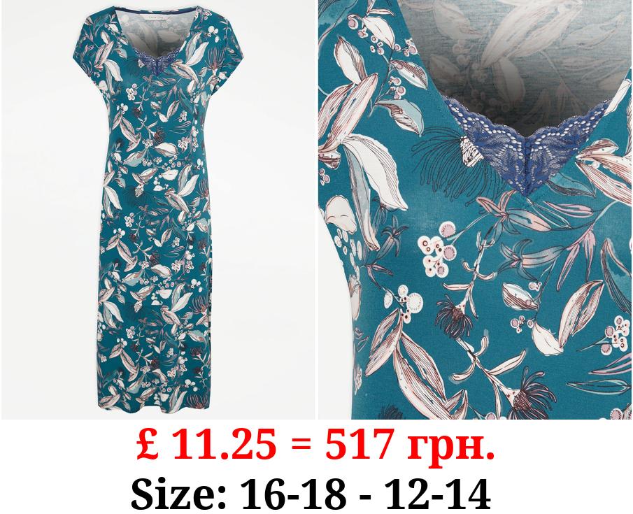 Teal Floral Lace Detail Midi Nightdress
