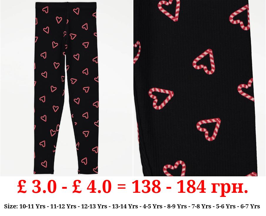 Black Candy Cane Heart Print Leggings