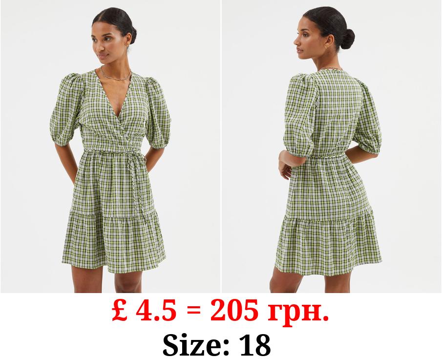Green Gingham Wrap Front Mini Dress