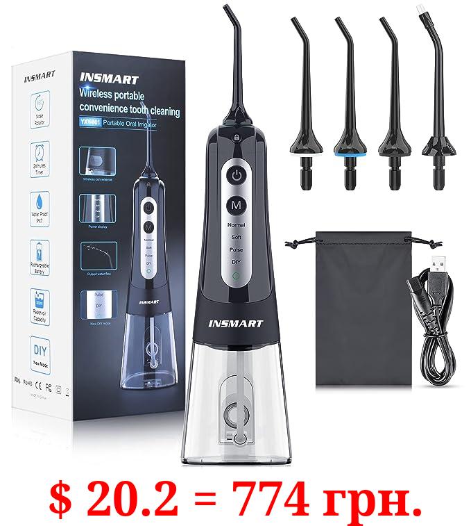 Cordless Water Dental Flosser Teeth Cleaner, INSMART Professional 300ML Tank DIY Mode USB Rechargeable Dental Oral Irrigator for Home and Travel, IPX7 Waterproof 4 Modes Irrigate for Oral Care Black