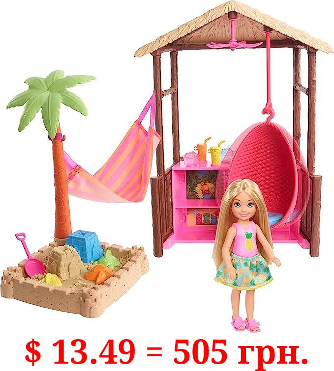Barbie Dreamhouse Adventures Chelsea Doll & Tiki Hut Playset with Moldable Sand, Hammock & Accessories, Blonde Small Doll