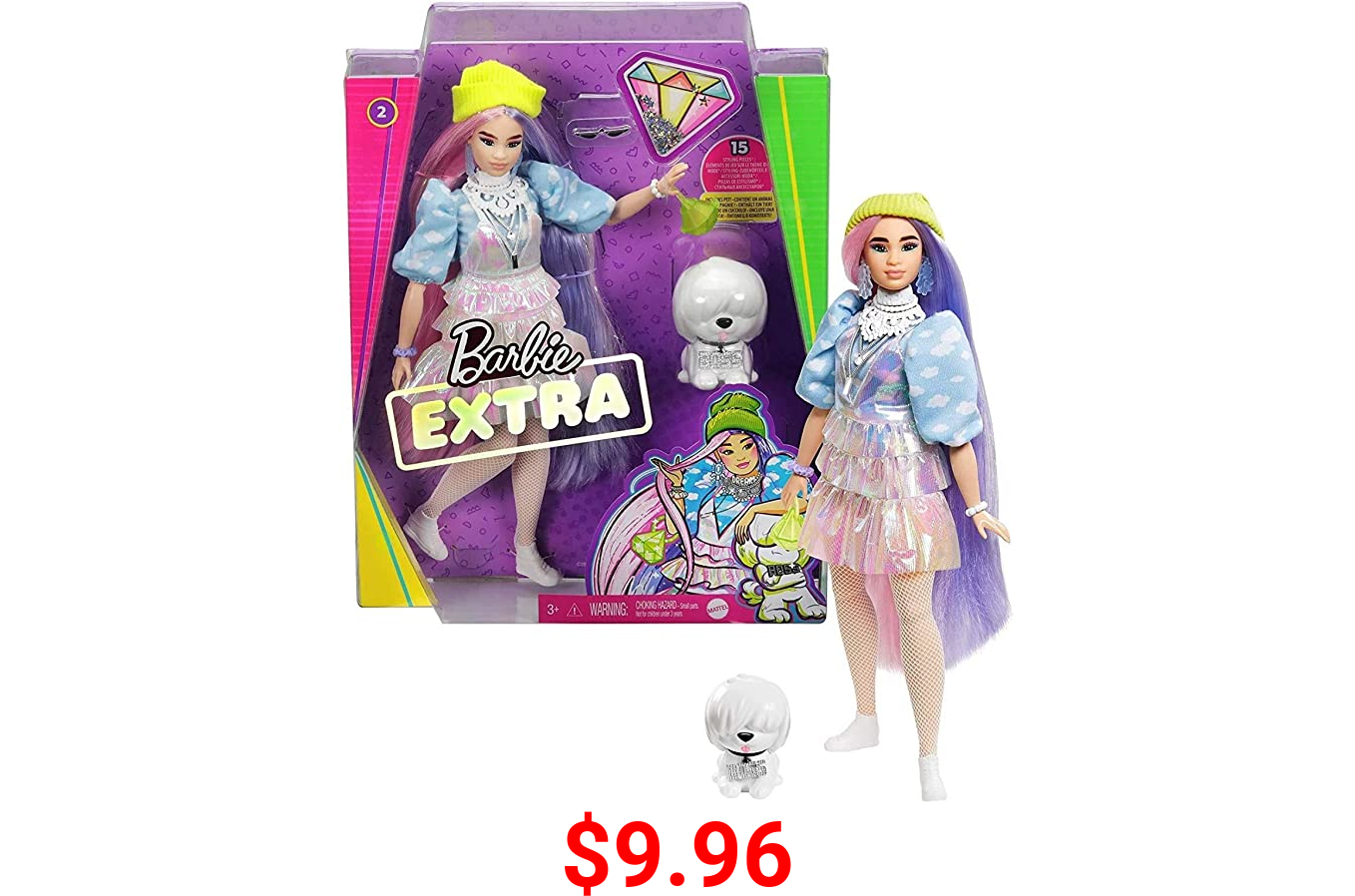 Barbie Extra Doll #2 in Shimmery Look with Pet Puppy, Pink & Purple Fantasy Hair, Layered Outfit & Accessories Including Neon Beanie, Multiple Flexible Joints, Gift for Kids 3 Years Old & Up , White
