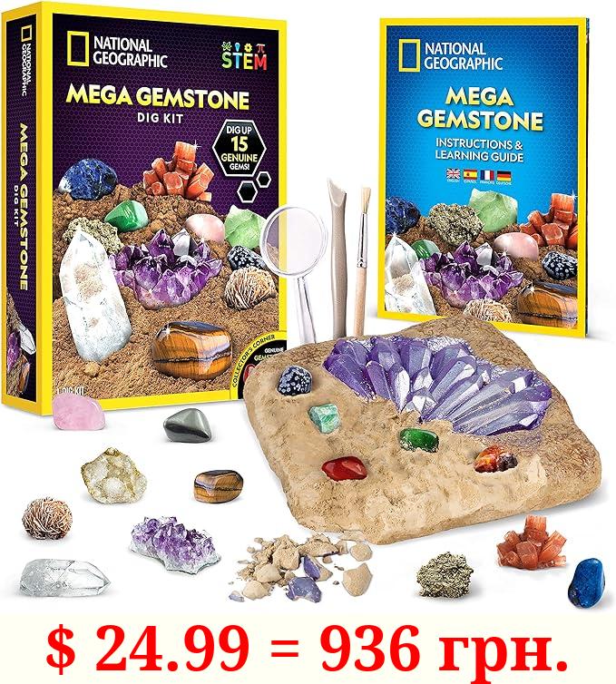 NATIONAL GEOGRAPHIC Mega Gemstone Dig Kit – Dig Up 15 Real Gemstones and Crystals, Science/Mining Kit for Kids, Gift for Girls and Boys, Rock Collection (Amazon Exclusive)