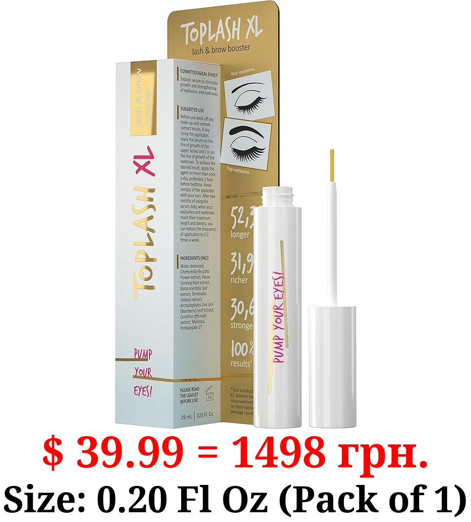 Toplash XL Lash and Brow Booster, Growth Serum with Eyelash and Eyebrow Enhancer, Promotes Stronger, Thicker, Healthier Lashes with Botanicals and Peptides