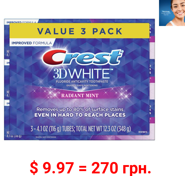 Crest 3D White Whitening Toothpaste, Radiant Mint, 4.1 Oz, 3 Pack