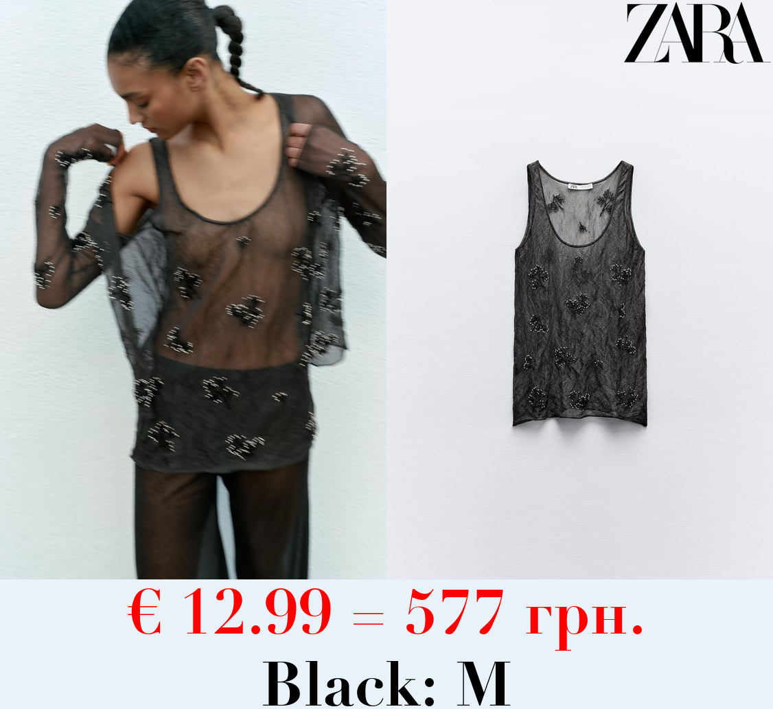 SEMI-SHEER CREASED-EFFECT BEADED TOP