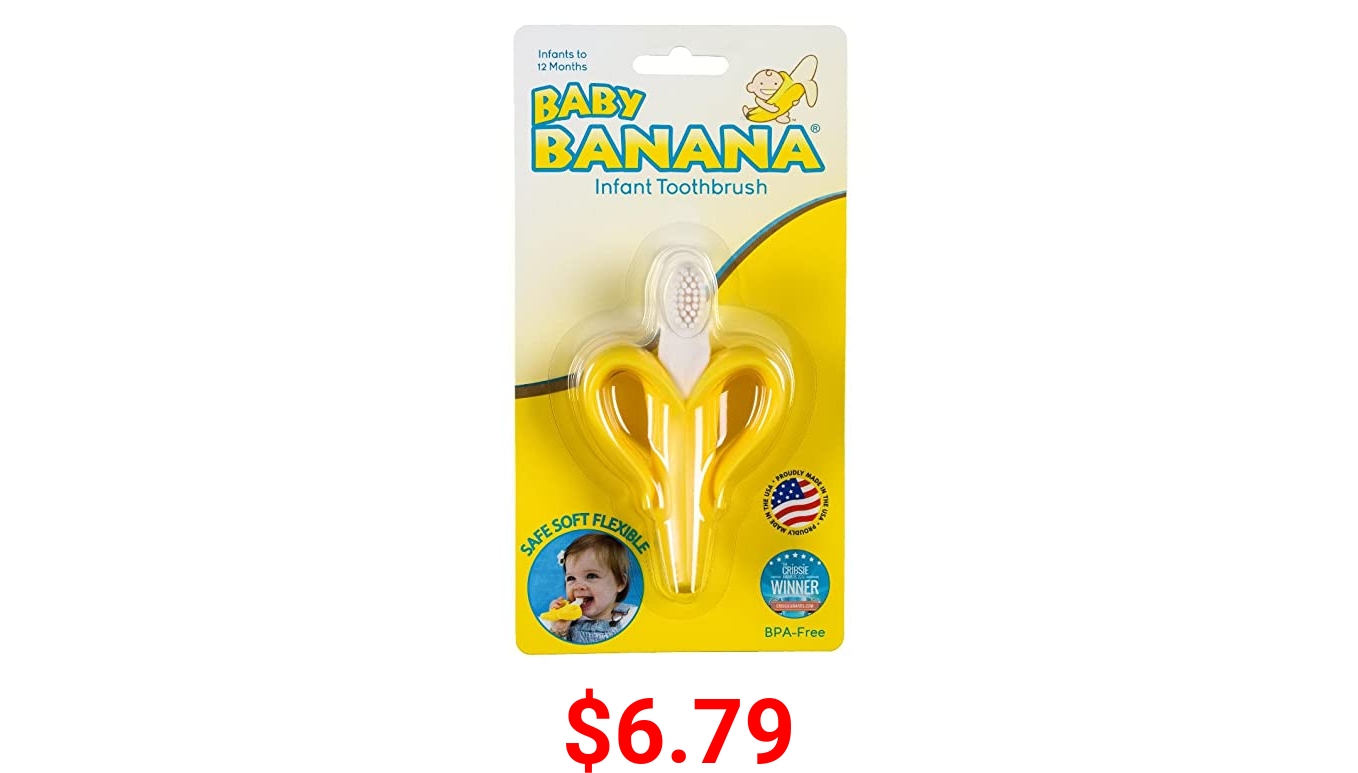 Baby Banana Yellow Banana Infant Toothbrush, Easy to Hold, Made in the USA, Train Infants Babies and Toddlers for Oral Hygiene, Teether Effect for Sore Gums, 4.33" x 0.39" x 7.87"