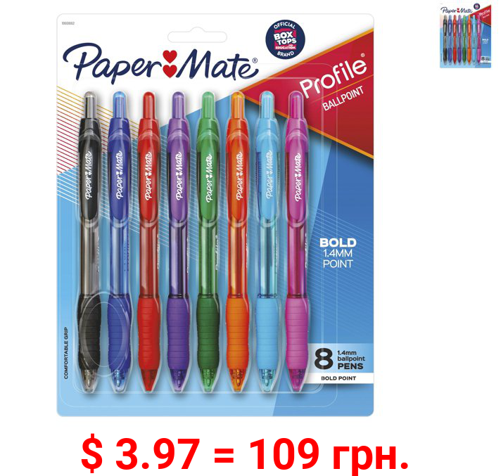 Paper Mate Profile Ballpoint Retractable Pens, Assorted Ink, Bold Tip, 8 Count