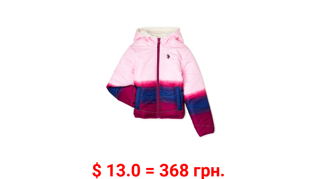 U.S. Polo Assn. Girls’ Dip-Dye Hooded Puffer Jacket with Faux Fur Lining, Sizes 4-16