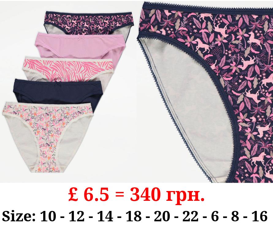 Pink Zebra Floral Brief Knickers 5 Pack