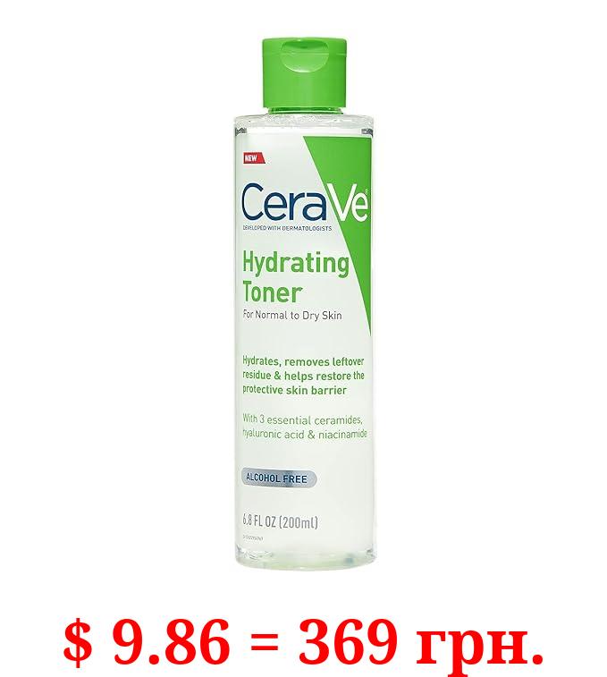 CeraVe Hydrating Toner for Face Non-Alcoholic with Hyaluronic Acid, Niacinamide, and Ceramides for Sensitive Dry Skin, Fragrance-Free Non Comedogenic, Full Size, 6.8 Fl Oz