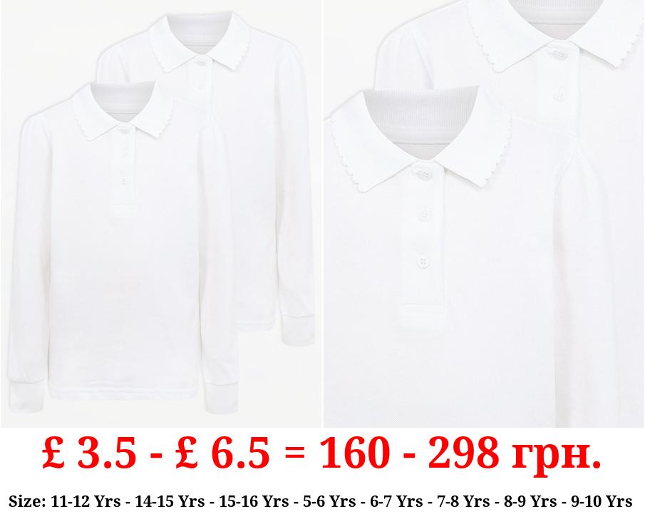 Girls White Scallop Long Sleeve School Polo 2 Pack