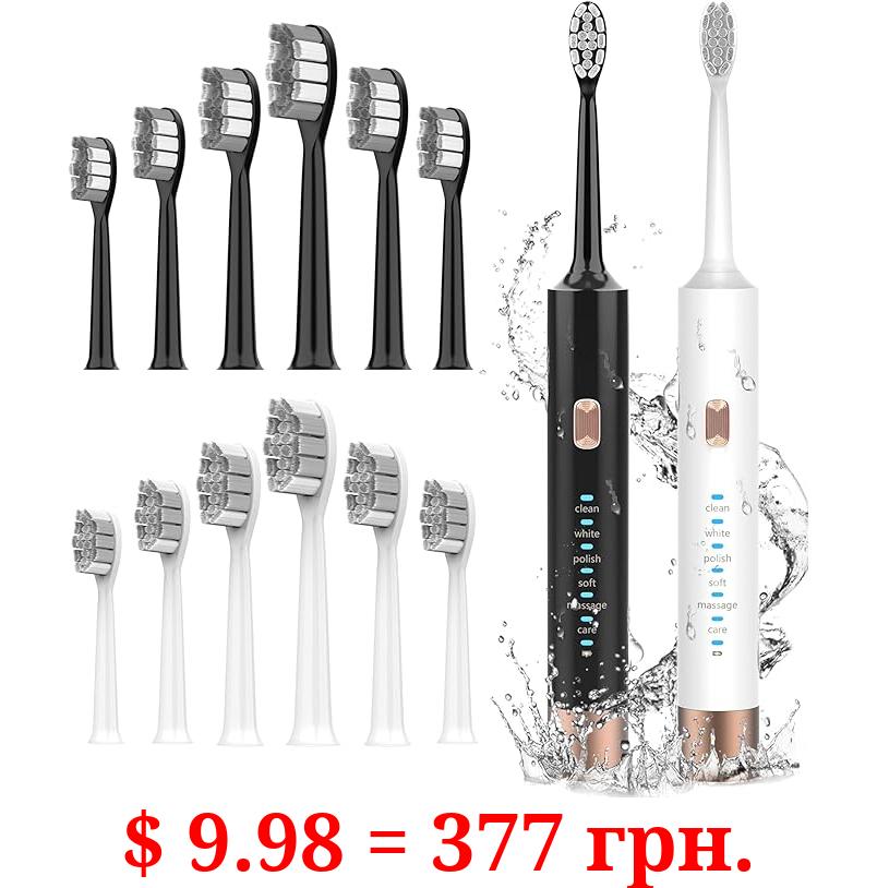 Aneebart Sonic Electric Toothbrush 2 Pack，Electric Toothbrush for Adults and Kids ，Travel Electric Toothbrush Includes 12 Dupont Brush Heads，IPx7 Waterproof (Black White)