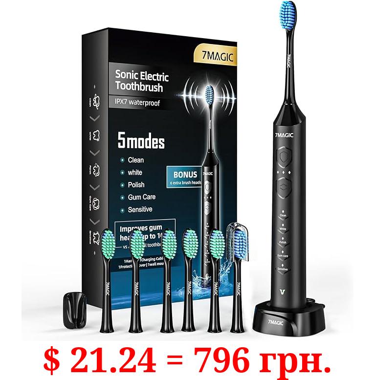 Electric Toothbrush for Adults, Sonic Toothbrush with 3 Intensity Levels & 5 Modes, One Charge for 60 Days, Rechargeable Electric Toothbrush with 6 Toothbrush Heads & 40,000 VPM Deep Clean(Black)