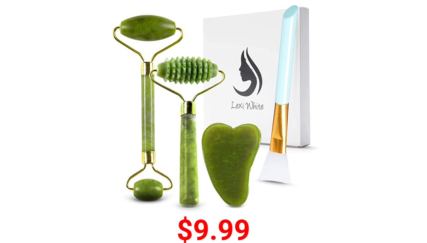 Gua Sha Massage Tool - Jade Roller Face Roller Stone Guasha 6 in 1 Face Massager Set for Face, Jade Facial Roller | Silicone Makeup Brush Eye Roller Massager | For Face Made From Real Jade | Ice Massager, Eye Puffiness Relief With Travel Pouch, Qua Sha, Rodillo de Jade