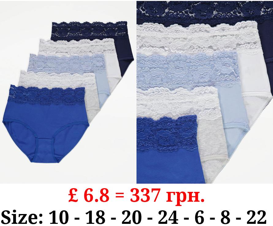 Blue Lace High Waist Full Brief Knickers 5 Pack