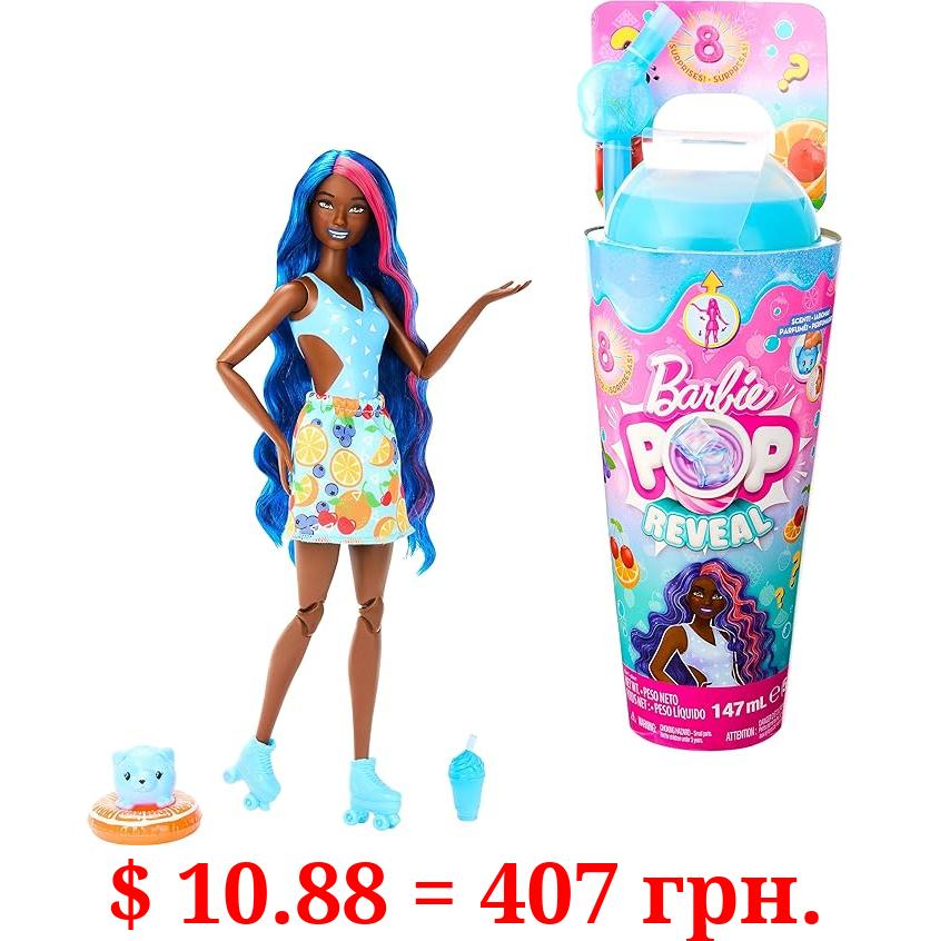 Barbie Pop Reveal Doll & Accessories, Fruit Punch Scent with Blue Hair, 8 Surprises Include Slime, Color Change & Puppy