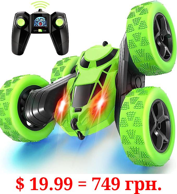 Remote Control Car Stunt RC Cars, 90 Min Playtime, 2.4Ghz Double Sided 360° Rotating RC Crawler with Headlights, 4WD Off Road Drift RC Race Car Toy for Boys and Girls Aged 6-12 Green