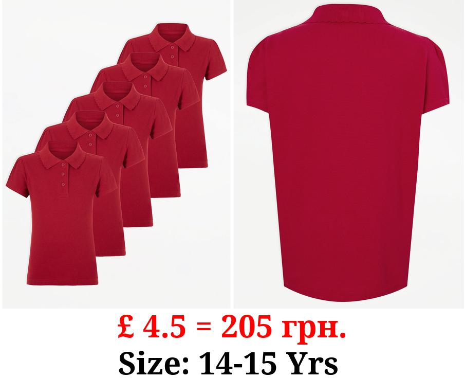 Girls Red Scallop School Polo Shirt 5 Pack