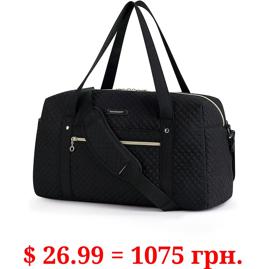 BAGSMART Travel Duffle Bag 31L Quilted Weekender Overnight Bag for Women, Large Carry On Airport Bag with Wet Pocket & Shoe Bag for Travel, Business Trips, Sports (Black-Basic version)