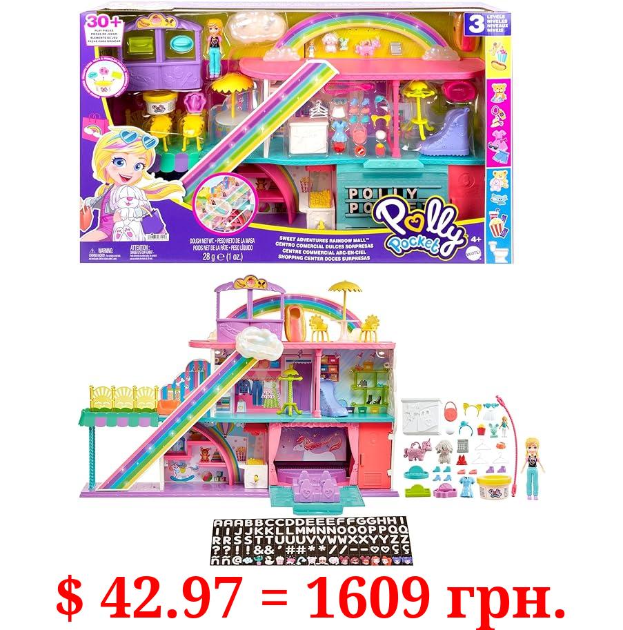 Polly Pocket Sweet Adventures Rainbow Mall, 3 Floors, 9 Play Areas, 35+ Accessories Including 3-inch Polly Doll, Great Gift Ages 4 Years Old & Up