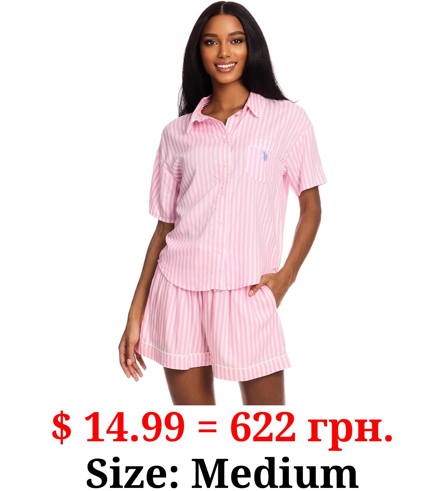 U.S. Polo Assn. Womens Pajama Set - Woven PJ Set for Women with Button Up Top and Shorts - Lounge Sets for Women