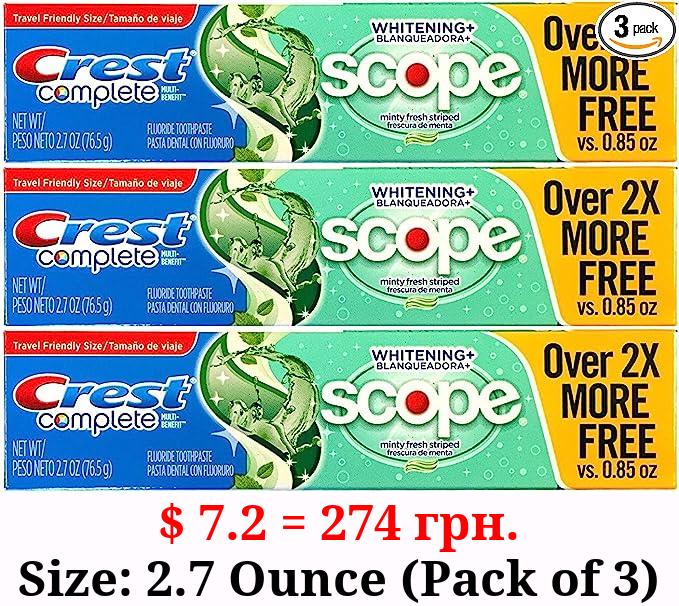 Crest Complete Multi-Benefit Whitening + Scope Minty Fresh Flavor Toothpaste 2.7 Oz, Pack of 3
