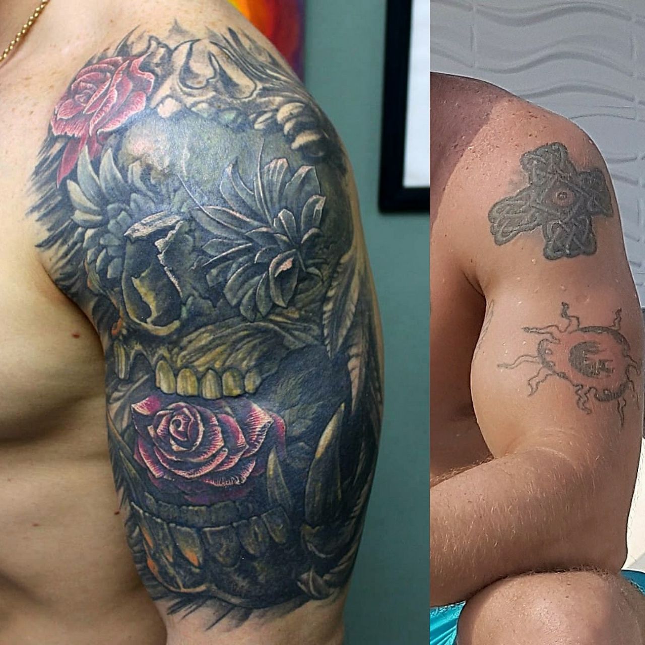 Перекрытие горизонтальных тату на плече мужские до и после