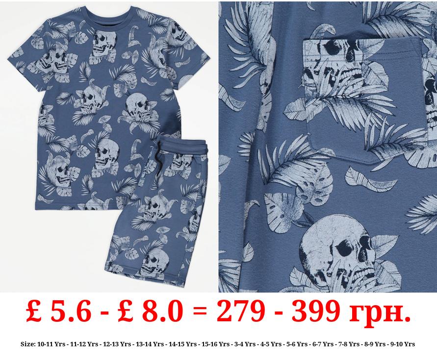 Blue Palm Leaf Skull T-Shirt and Shorts Outfit