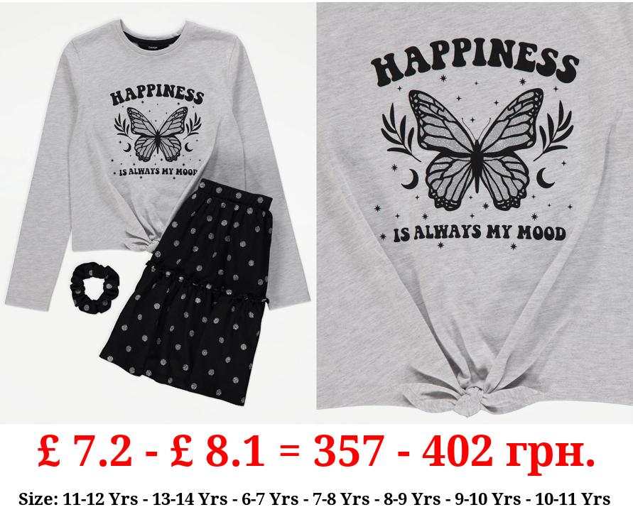 Grey Butterfly Long Sleeve Top Spotty Skirt and Scrunchie Outfit