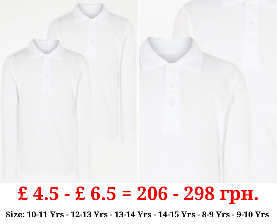 White Regular Fit Long Sleeve School Polo Shirts 2 Pack