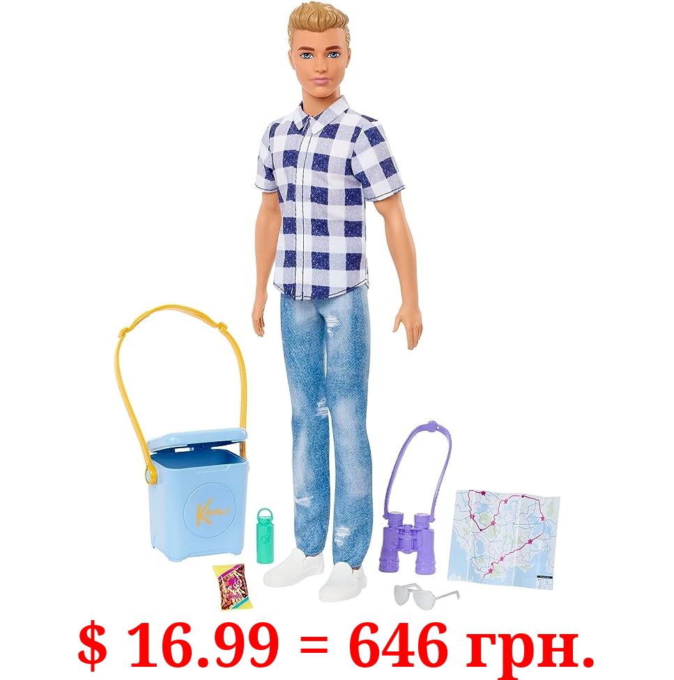 Barbie It Takes Two Ken Camping Doll Wearing Plaid Shirt, Jeans and White Sneakers, with Camping Accessories, Toy for 3 Year Olds & Up