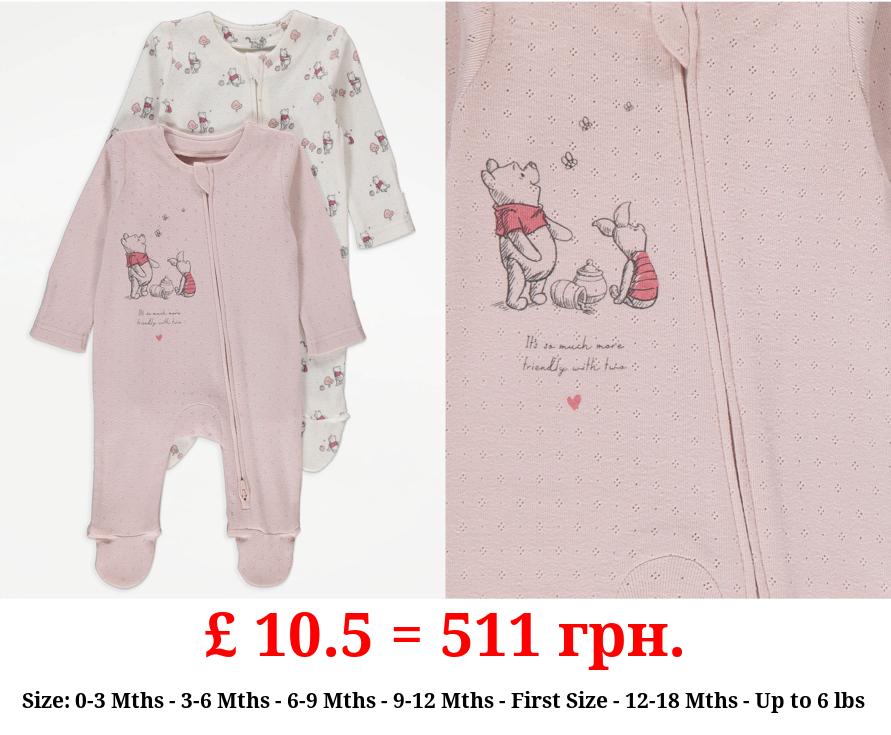Disney Winnie The Pooh Pointelle 2 Way Zip Fastening Sleepsuits 2 Pack
