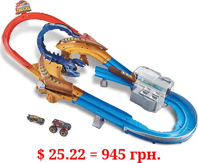 Hot Wheels Monster Trucks Scorpion Raceway Boosted Set with Monster Truck and Hot Wheels car and Giant Scorpion Nemesis